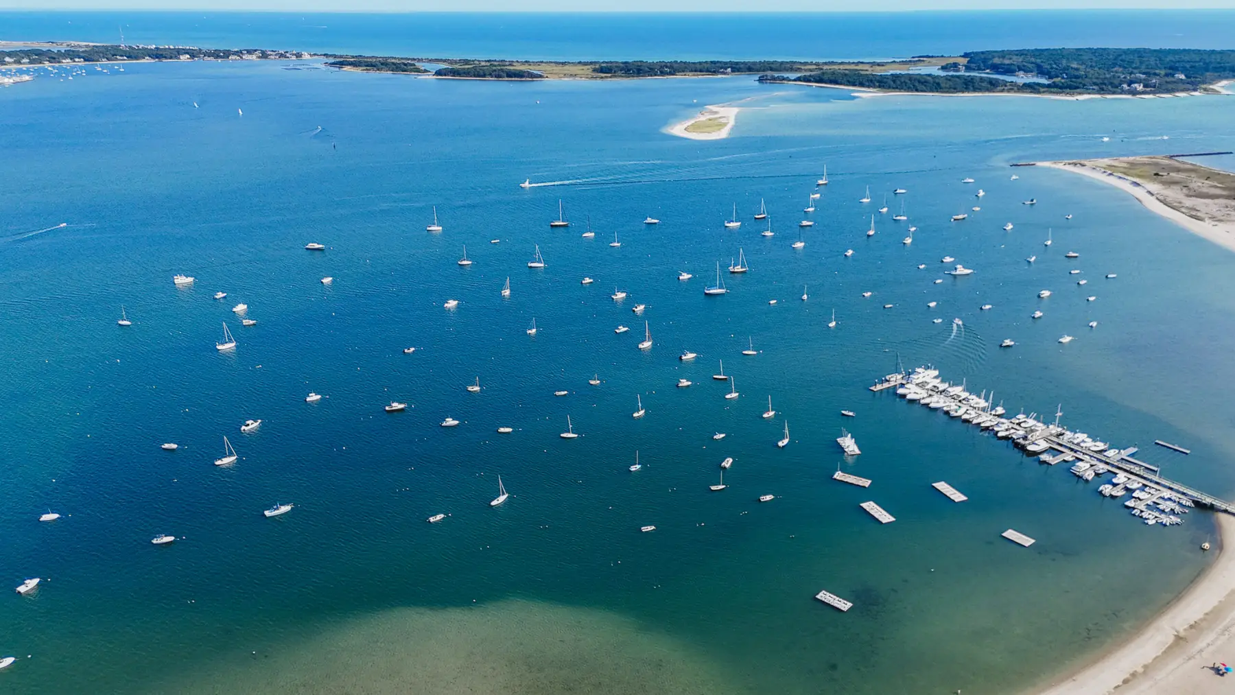 Aerial view of Lewis Bay with moored boats