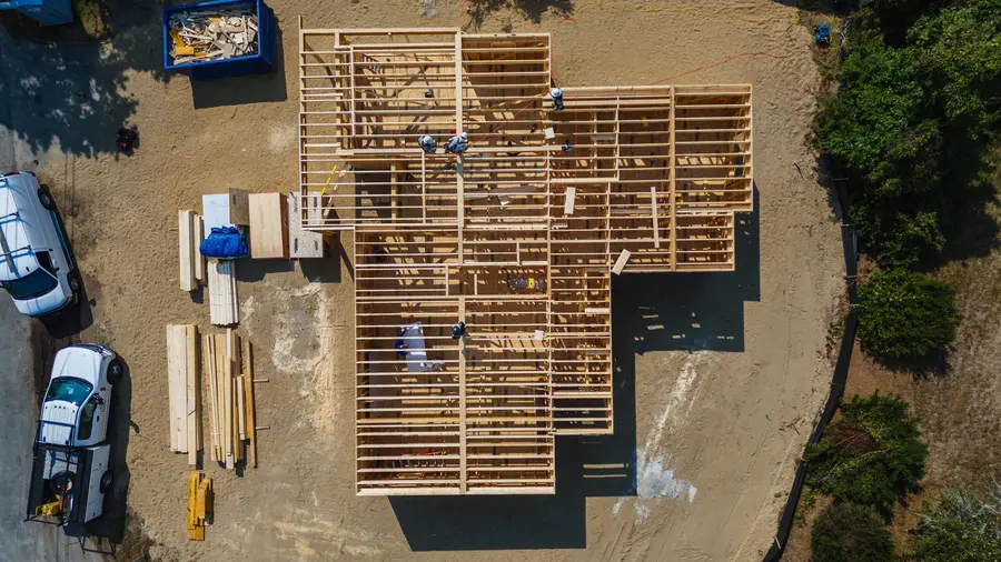 Drone view of a Lewis Bay house frame going up
