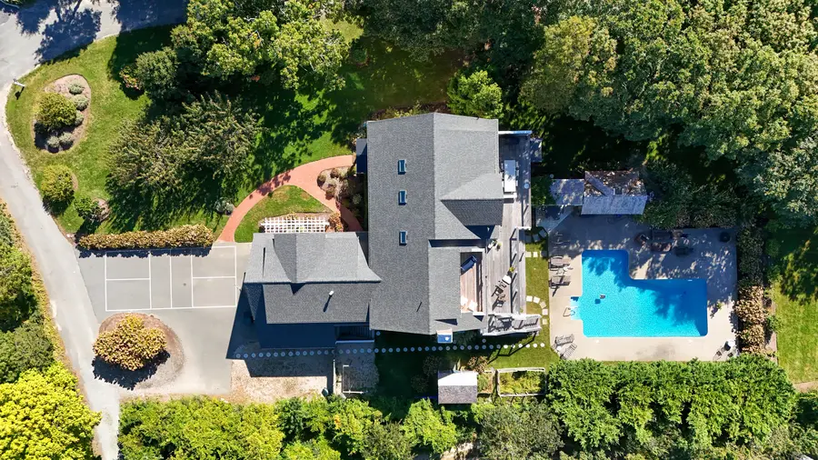 Top view of the house, pool and pool house
