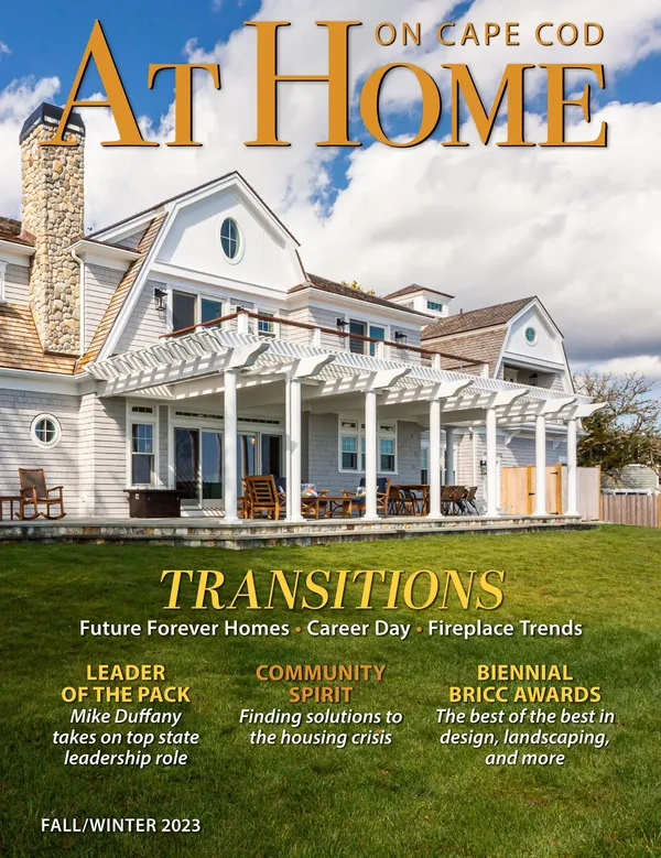 Cover of At Home on Cape Cod, Fall/Winter 2023, showing the Hyannis Harbor home built by Lewis Bay Builders